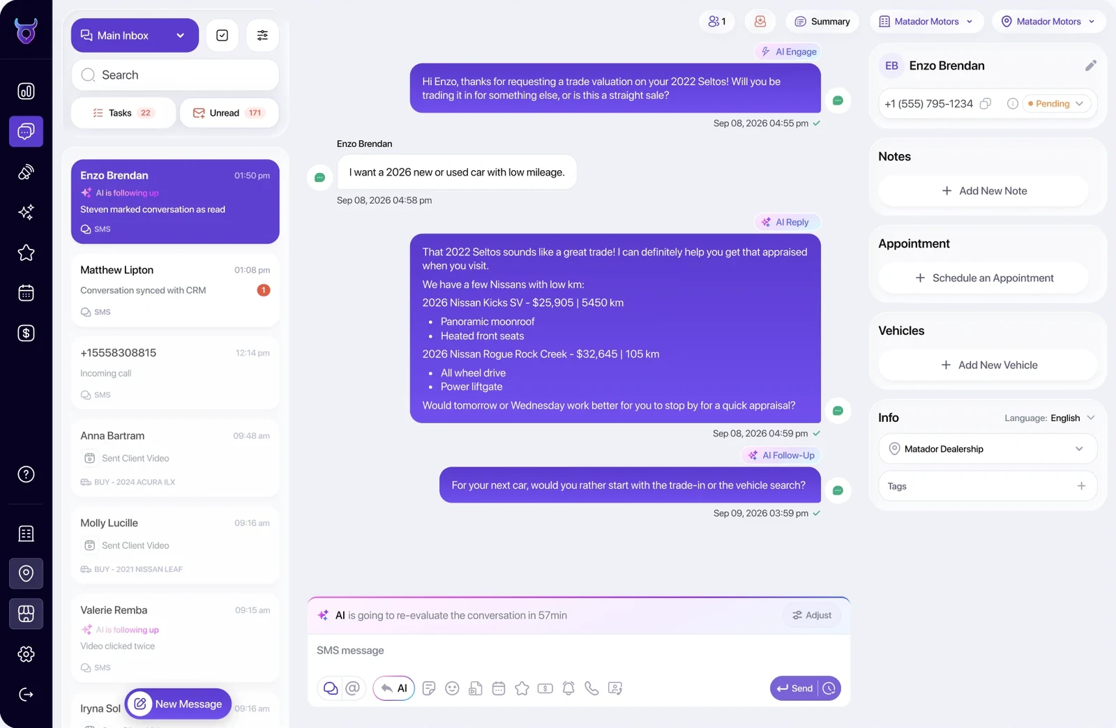 A customer conversation in the Matador inbox: AI Engage opens on a trade-in request, AI Reply suggests two in-stock Nissans with prices and mileage and asks for an appraisal time, and AI Follow-Up checks back the next day, with notes, appointment and vehicles beside the thread