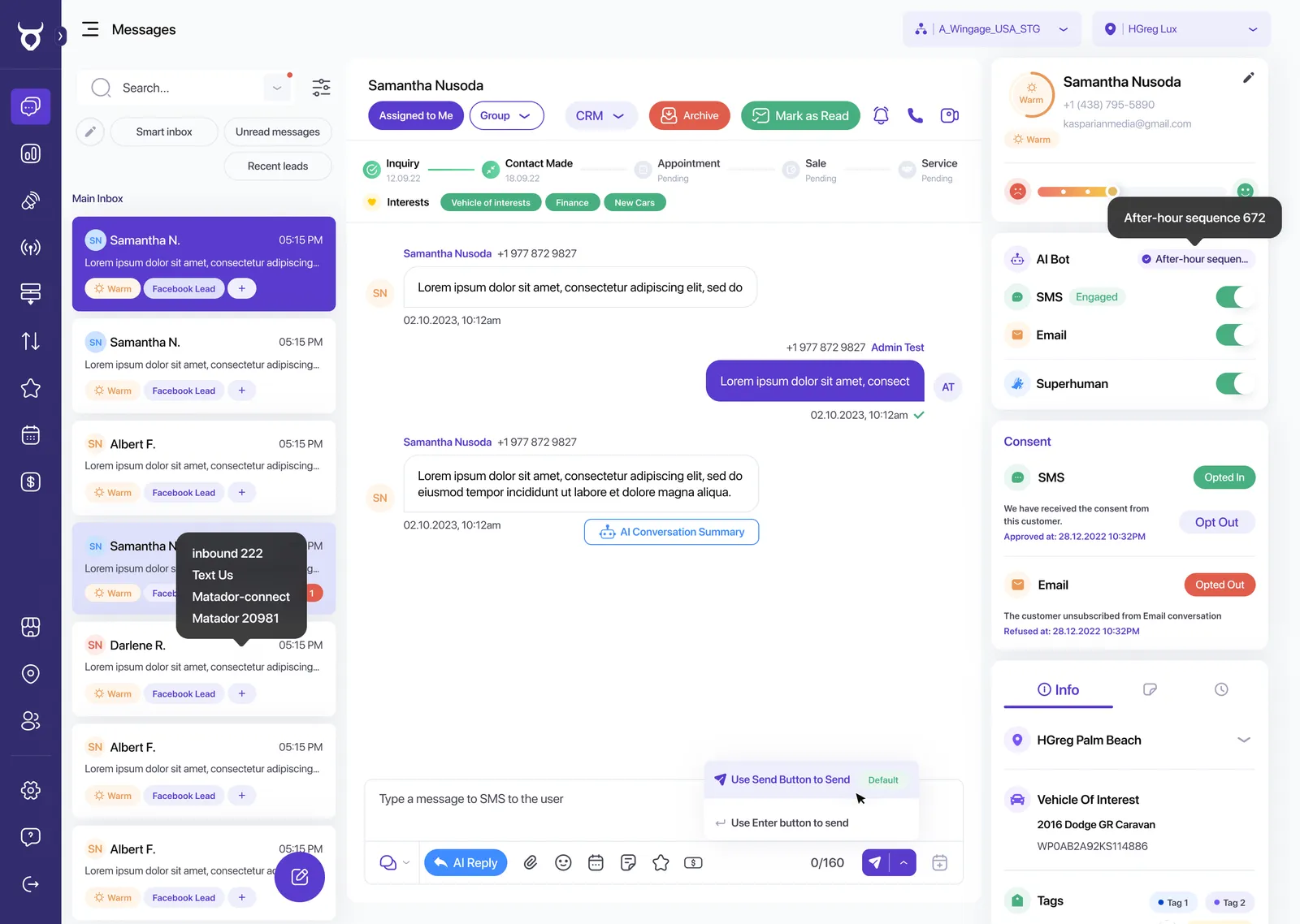 A customer conversation in the Matador inbox: the journey stages Inquiry, Contact Made, Appointment, Sale and Service across the top, interest tags for vehicle, finance and new cars, a CRM button in the header, and a side panel showing SMS and email consent and the vehicle of interest